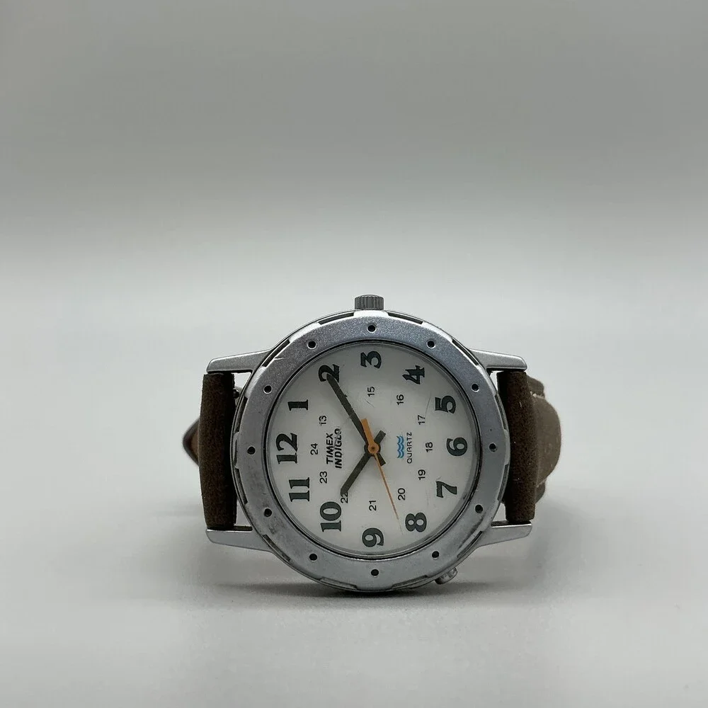 Timex Indiglo Mens Watch 33mm Silver Tone Brown Leather Strap New Battery